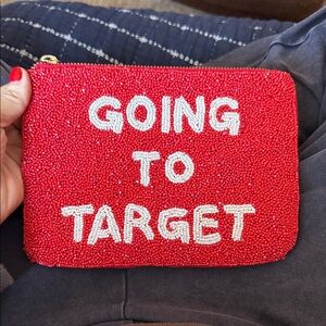 Red Beaded Pouch with White Text